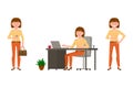 Friendly, brown hair young office woman vector illustration. Standing with coffee, typing laptop, sitting at desk girl character Royalty Free Stock Photo