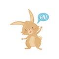 Friendly brown rabbit saying Hi . Little bunny with pink cheeks and shiny eyes. Flat vector icon