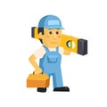Friendly builder worker man with tools Royalty Free Stock Photo
