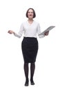 friendly business woman with clipboard looking at you . Royalty Free Stock Photo