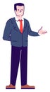 Friendly businessman pointing with open hand flat RGB color vector illustration