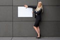 Friendly businesswoman displaying a blank sign