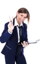 Friendly businesswoman with victory sign
