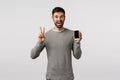 Friendly and carefree funny bearded gay man in grey sweater edit profile picture online dating app, make peace sign