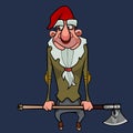 A friendly cartoon bearded gnome in a red cap holding an ax with his hands