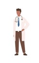 Friendly cartoon black male doctor in white coat standing isolated on white background. Positive man professional Royalty Free Stock Photo