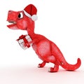 Friendly Cartoon Dinosaur with gift christmas box