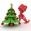 Friendly Cartoon Dinosaur with gift christmas tree