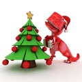 Friendly Cartoon Dinosaur with gift christmas tree