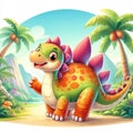 Friendly Cartoon Dinosaur on Tropical Beach