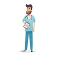 Friendly cartoon physician with stethoscope and diagnosis. Happy doctor cardiologist, pediatrician or pharmacist