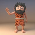 Friendly caveman wearing an animal pelt and a long beard waves a cheerful greeting, 3d illustration