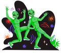 Friendly cheerful alien green men at decorative space backdrop, cartoon flat vector.