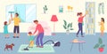 Friendly cheerful family together clean room house, character cleanup living hall flat vector illustration, big happy Royalty Free Stock Photo