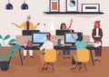 Friendly colleagues taking part in voting raising hand at modern co working space vector flat illustration. Group of