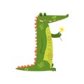 Friendly crocodile standing with flower, funny predator cartoon character vector Illustration on a white background