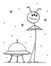 Cute Friendly Alien Standing in Front of UFO Spaceship, Vector Cartoon Stick Figure Illustration Royalty Free Stock Photo