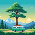 friendly in cute minivan goes camping in the flat style image with elements