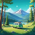 friendly in cute minivan goes camping in the flat style image with elements