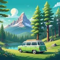 friendly in cute minivan goes camping in the flat style image with elements