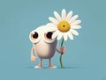 A friendly cyclops holding a daisy and waving to a group of kids. Cute creature. AI generation