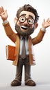 A friendly 3D cartoon elderly professor holding a book and pointing upwards, wearing glasses and a smile. Royalty Free Stock Photo