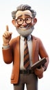 A friendly 3D cartoon elderly professor holding a book and pointing upwards, wearing glasses and a smile. Royalty Free Stock Photo