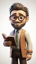 A friendly 3D cartoon elderly professor holding a book and pointing upwards, wearing glasses and a smile. Royalty Free Stock Photo