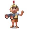 Friendly 3d cartoon Roman legionnaire soldier waves while using his binoculars, 3d illustration