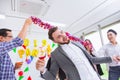 Friendly dancing boss drink and drunk. Executive business man fun joy with staff in office event party new year Royalty Free Stock Photo