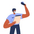 A friendly delivery man in a blue uniform waves his hand. Young man in a protective mask with an invoice in his hand. Vector stock