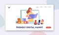 Friendly Digital Nanny, Babysitting Landing Page Template. Character Read to Kids. Baby Sitter Nanny Online Service