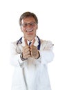 Friendly doctor holds both thumbs up and smiles