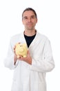 Friendly doctor with piggy bank