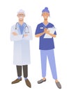 Friendly doctors in medical uniform. Smiling man and woman physicians. Friendly therapist and nurse