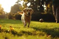 A friendly Dog happily plays fetch with its owner in a lush green park, friendship with animals