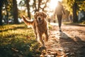 A friendly Dog happily plays fetch with its owner in a lush green park, friendship with animals