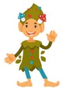 Friendly dwarf waving hand, gnome with mushrooms on head