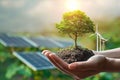 friendly Earth power Hand with tree, solar cell, and turbine concept