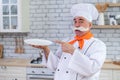 A friendly elderly chef is holding a plate in the kitchen. A gray-haired man with a thick gray mustache works in the Royalty Free Stock Photo