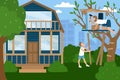 Friendly family character father with son together spend time build tree house, country home flat vector illustration Royalty Free Stock Photo