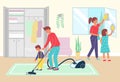 Friendly family character together general cleaning apartment place, father with boy children vacuuming flat vector