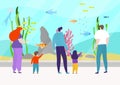 Friendly family with children relax in ocean oceanarium, character people together watch fish aquarium flat vector