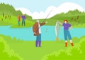 Friendly family outdoor fishing time spend, people character together catch river fish, forest landscape flat vector Royalty Free Stock Photo