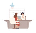 Friendly female bank worker providing services to customer vector flat illustration. Woman client sitting and talking to Royalty Free Stock Photo
