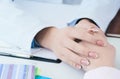 Friendly female doctor hands holding patient hand sitting at the desk for encouragement, empathy, cheering and support Royalty Free Stock Photo