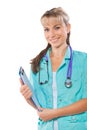 A friendly female doctor holding folder and smiling Royalty Free Stock Photo