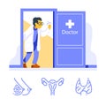 Friendly female doctor at open door welcoming, visit specialist, annual health checkup, medical examination room