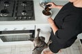 Woman preparing to giving food to french bulldog puppy while he standing at hind legs