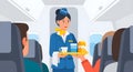 Friendly flight attendant serving drinks and snacks to passengers on an airplane Royalty Free Stock Photo